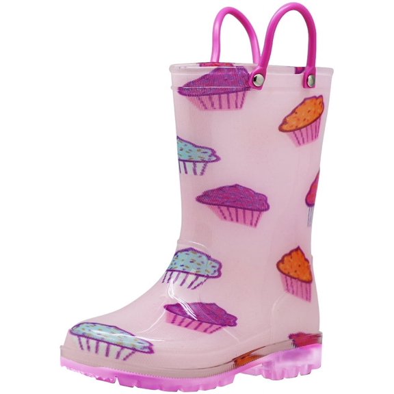 NORTY Girls Light-Up PVC Waterproof Rain Boots Fun Colors Patterns Easy-On Handles