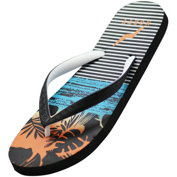 Norty Men's Casual Beach Pool Everyday Flip Flop Thong Sandal Shoe 41404-9D(M)US (Black/Orange Palm Tree)