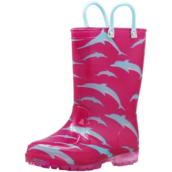 NORTY Toddler Girls Light-Up PVC Waterproof Rain Boots Fun Colors Patterns Easy-On Handles
