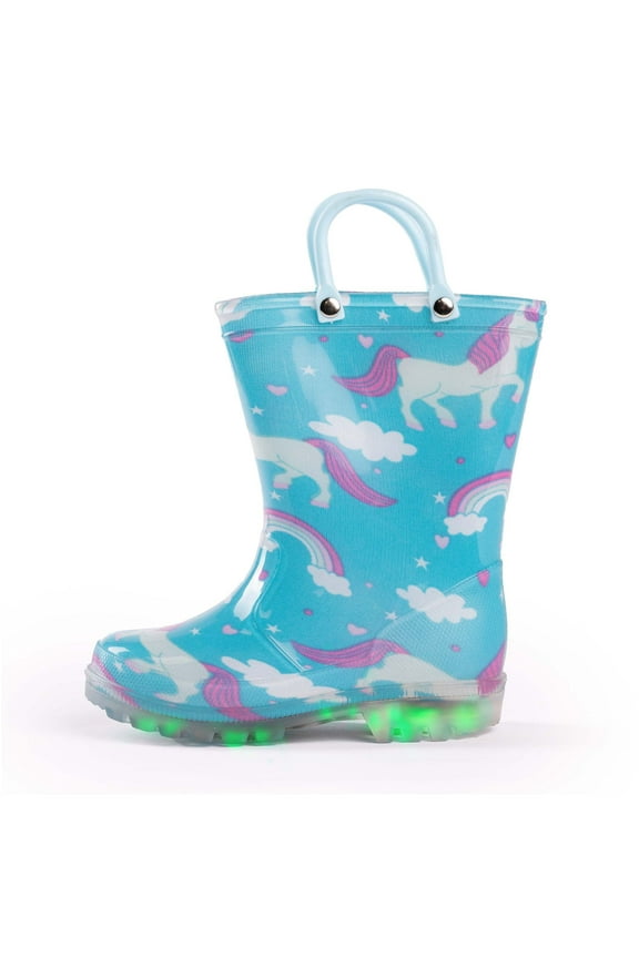 NORTY Toddler Girls Light-Up PVC Waterproof Rain Boots Fun Colors Patterns Easy-On Handles
