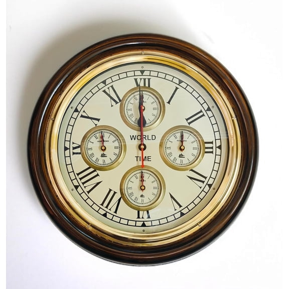 NORVILLE 16 Inch Wooden World Time Wall Clock- 5 Countries Time Clock For Home, Office, Hotels