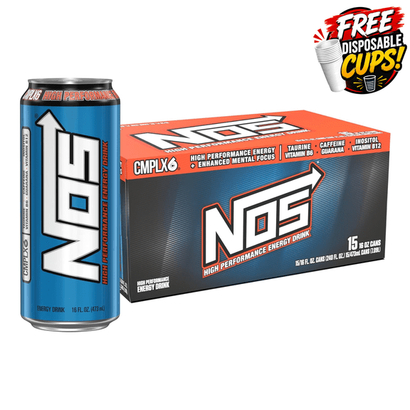 NOS Original High Performance Energy Drink 16 fl oz 15 Pack + Free Cups