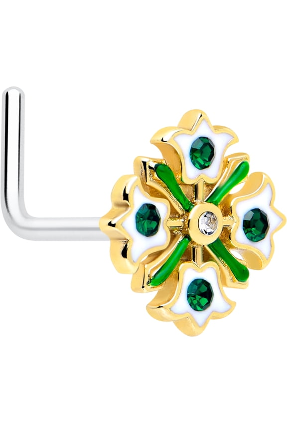 20 Gauge Nose Ring - 316L Stainless Steel L-Shape Nostril StudFlower Wreath Green Piercing Jewelry for Women Men