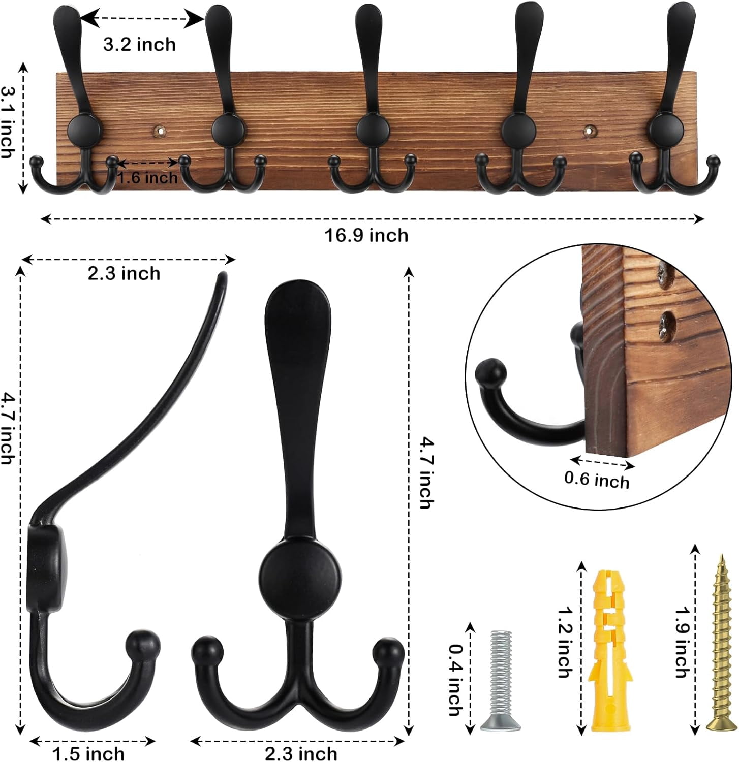 NOSGQ-Coat Rack Wall Mount Wooden Hat Rack for Wall Hooks Pine Real ...