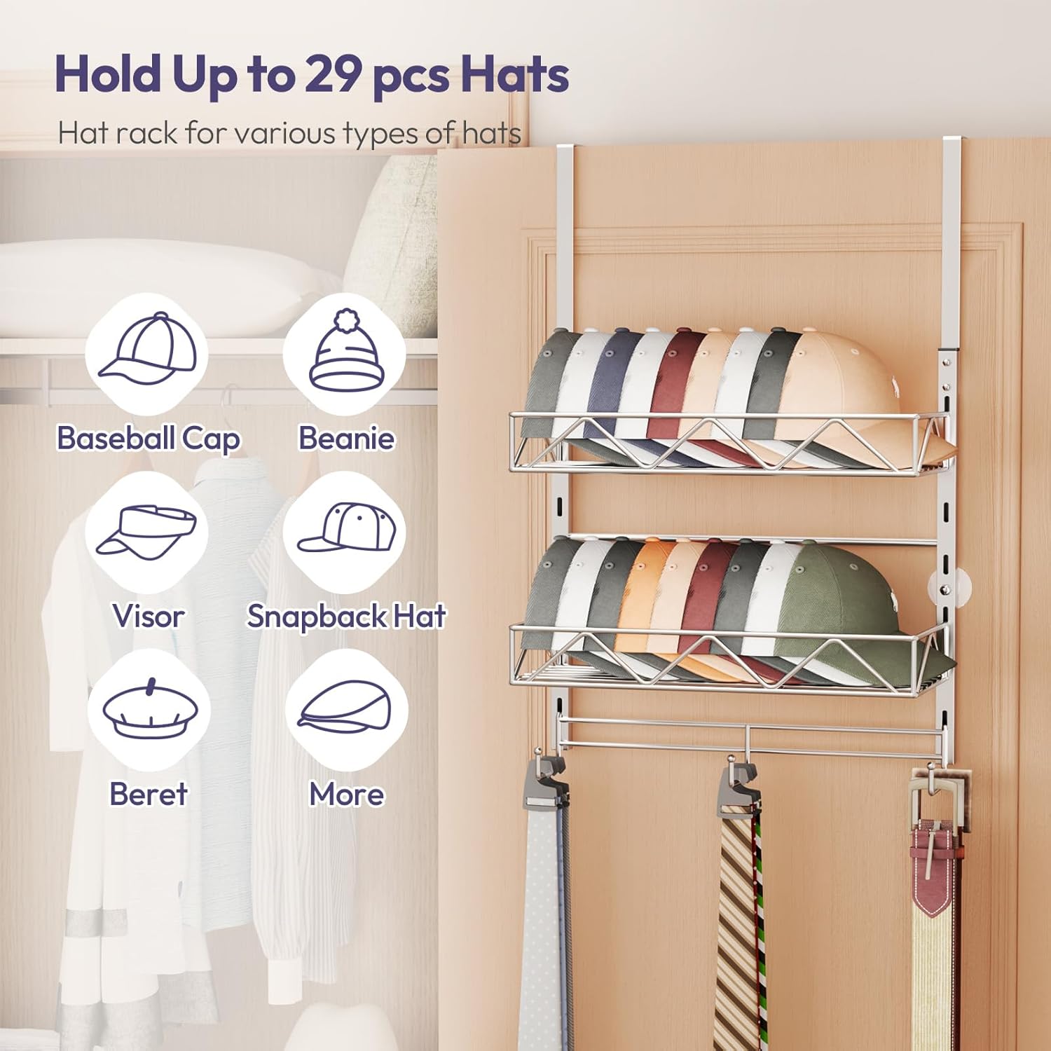 NOSGQ-Over Door Hat Organizer - 3 Tier Wall Mounted Hat Rack with 2 ...