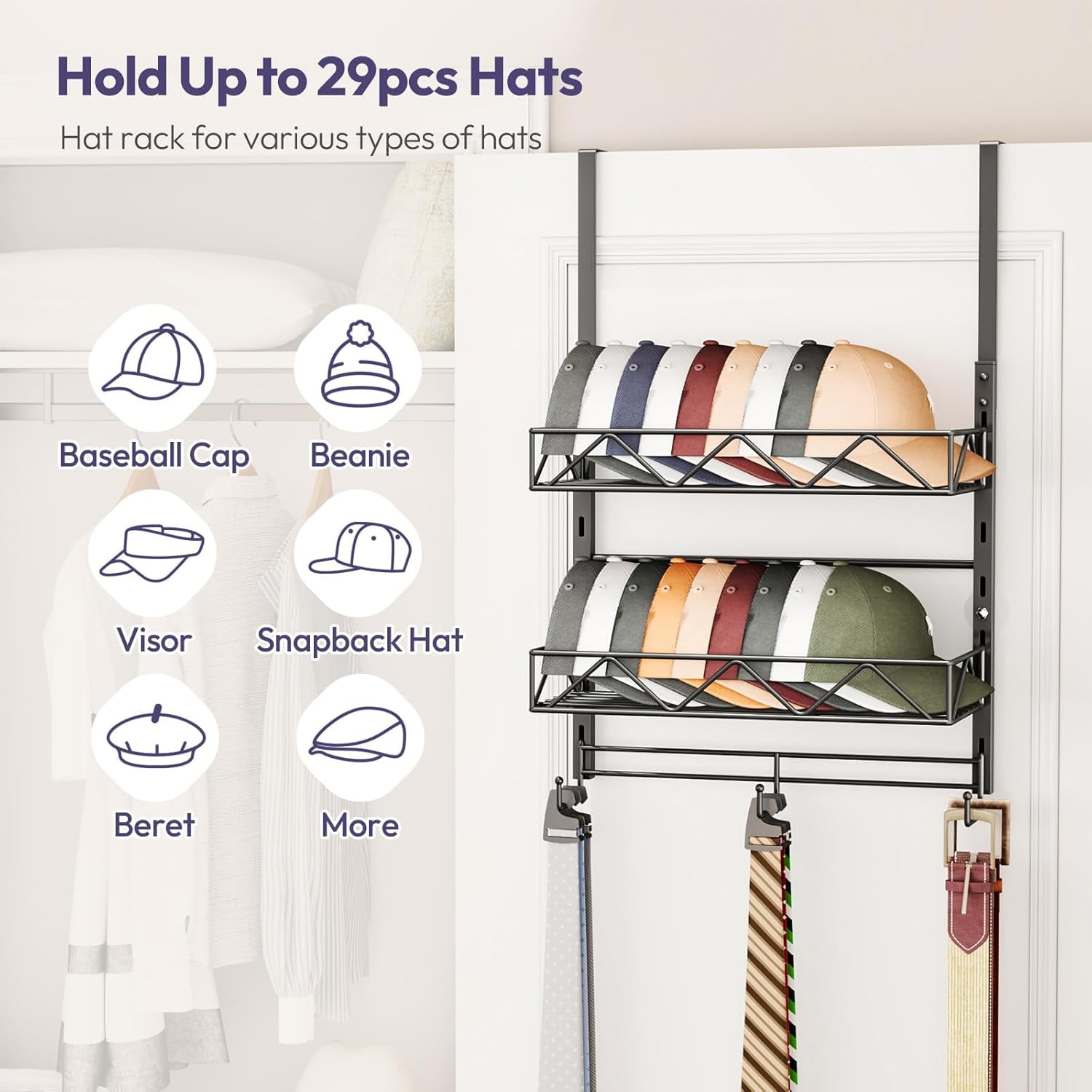 NOSGQ-Over Door Hat Organizer - 3 Tier Wall Mounted Hat Rack with 2 ...
