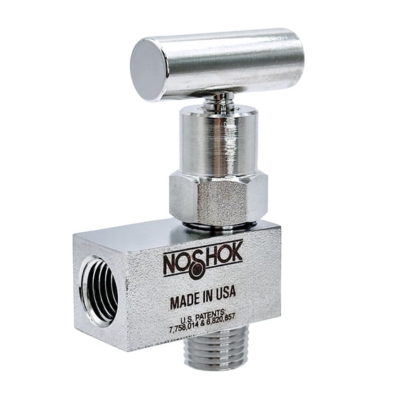 NOSHOK Mini Valve, Soft Tip, 1/4 NPT Male - 1/4 NPT Female Angle, 316 SS, 0.172" Orifice, 1" Round Knurled Handle