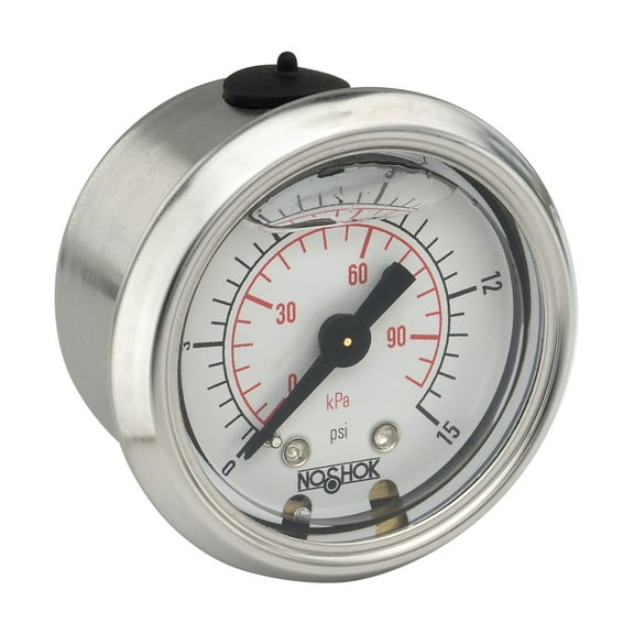 NOSHOK Pressure Gauge, 1.5" 304SS Case, Copper Alloy Internals, 2000 psi/kPa, 1/8 NPT Male Back Conn, Glycerin Filled Gauge