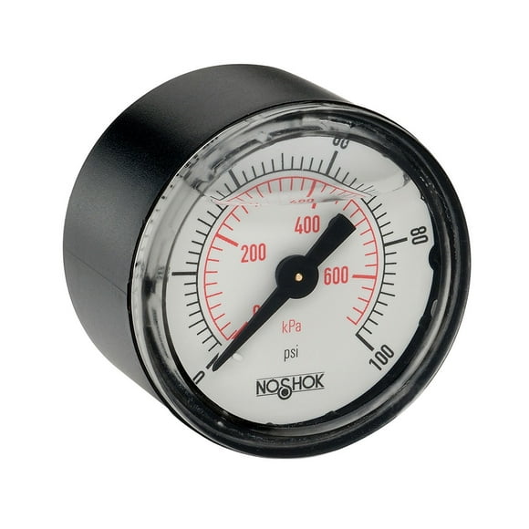 NOSHOK Pressure Gauge, 1.5" ABS Case, Copper Alloy Internals, 100 psi/kPa, 1/8 NPT Male Back Conn, Glycerin Filled