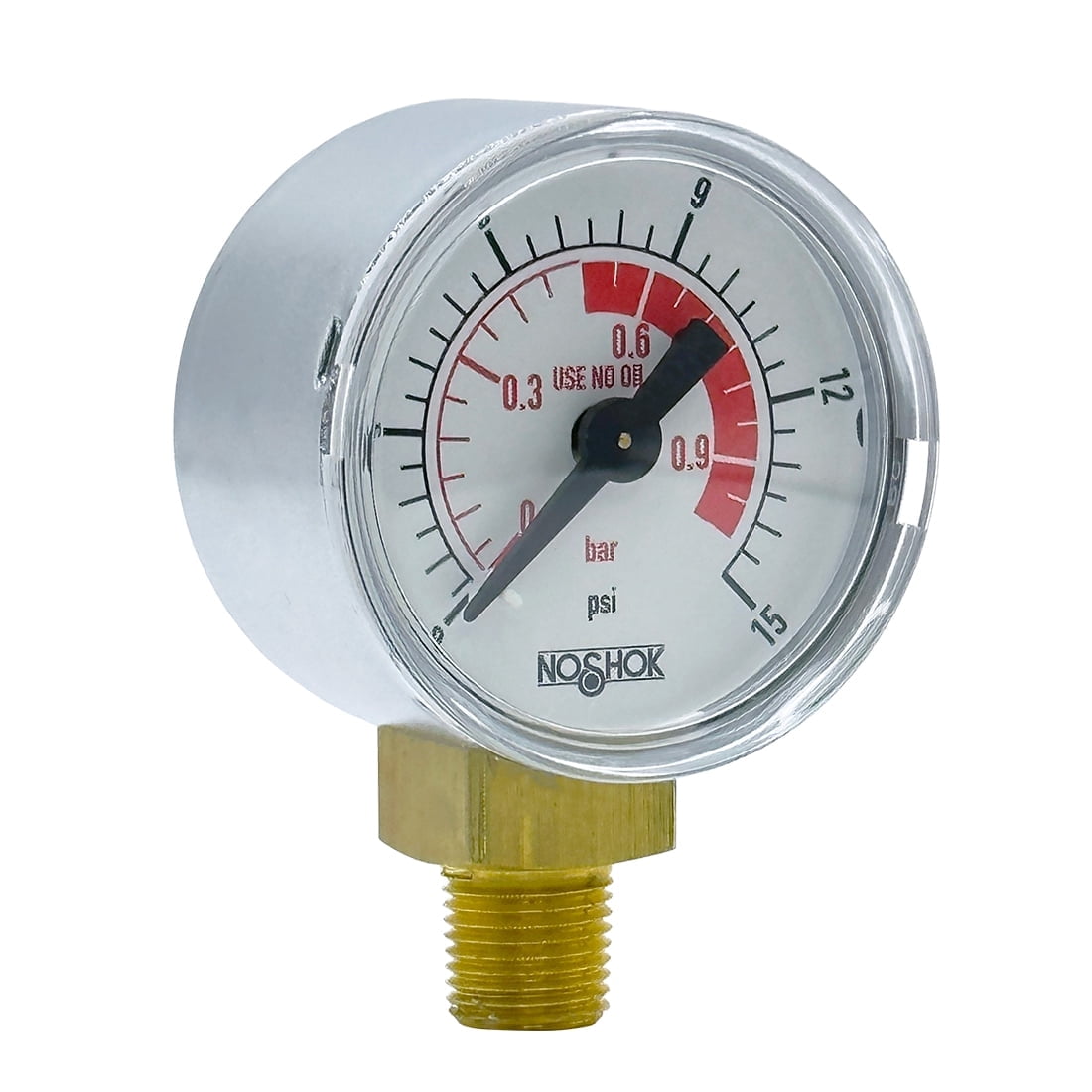 NOSHOK Pressure Gauge, 1.5" Chrome Plated Steel Case, Copper Alloy Internals, 15 psi/bar, 1/8 NPT Bottom Conn, "Use no Oil" on Dial Face, Red Band from 0.5 bar to 1 bar, Oil and Grease Free