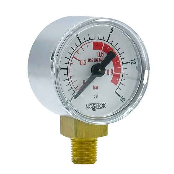 NOSHOK Pressure Gauge, 1.5" Chrome Plated Steel Case, Copper Alloy Internals, 15 psi/bar, 1/8 NPT Bottom Conn, "Use no Oil" on Dial Face, Red Band from 0.5 bar to 1 bar, Oil and Grease Free