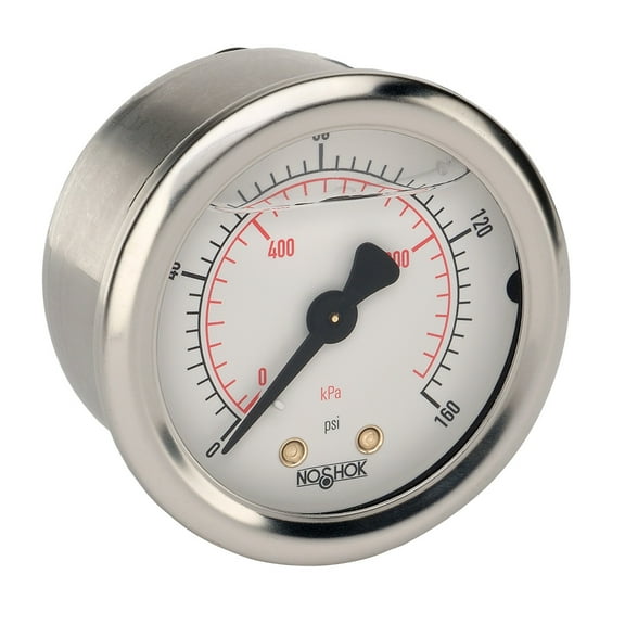 NOSHOK Pressure Gauge, 2" 304SS Case, Copper Alloy Internals, 30/60 psi/kPa, 1/4 NPT Male Back Conn, Glycerin Filled Gauge
