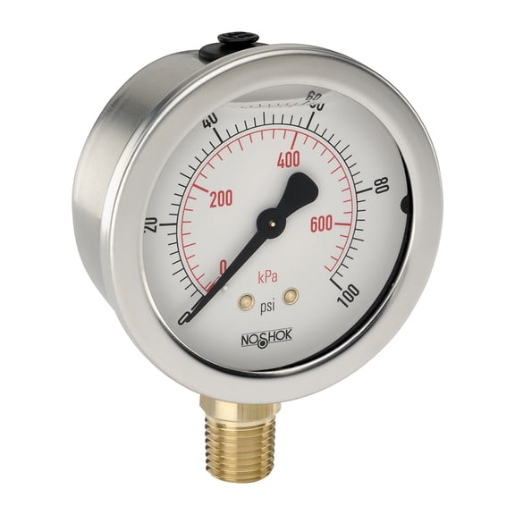 NOSHOK Pressure Gauge, 2.5" 304SS Case, Copper Alloy Internals, 100 psi/kPa, 1/4 NPT Male Bottom Conn, Glycerin Filled