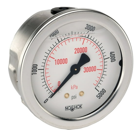 NOSHOK Pressure Gauge, 2.5" 304SS Case, Copper Alloy Internals, 30 psi/kPa, 1/4 NPT Male Back Conn, Glycerin Filled