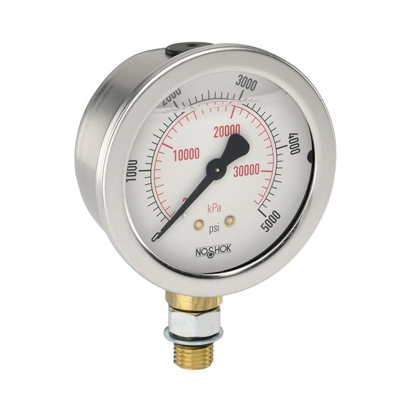 NOSHOK Pressure Gauge, 2.5" 304SS Case, Copper Alloy Internals, 5000 psi/kPa, 7/16-20 Male Bottom Conn, Glycerin Filled