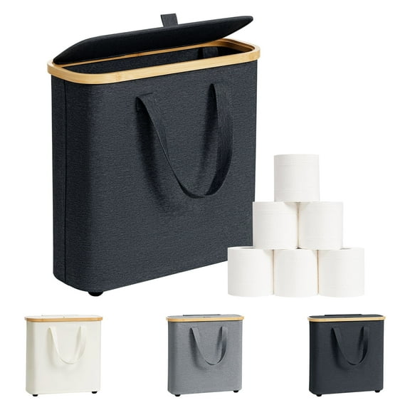 NOSTHEART 30L Toilet Paper Storage Basket, Toilet Paper Storage Box Made of Bamboo, Foldable Bathroom Organiser for 12-16 Toilet Rolls, with Handles, for Bathroom and Household, Dark Gray