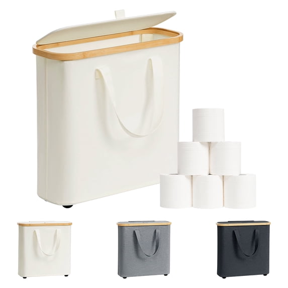 NOSTHEART 30L Toilet Paper Storage Basket, Toilet Paper Storage Box Made of Bamboo, Foldable Bathroom Organiser for 12-16 Toilet Rolls, with Handles, for Bathroom and Household, Beige