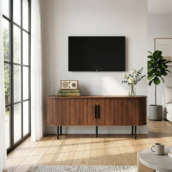 NOSUI Walnut Embossed Particle Board TV Stand, Oval Tabletop 1473558cm, Modern Entertainment Center with Sliding Grid Doors, Media Console Cabinet for Living Room Bedroom