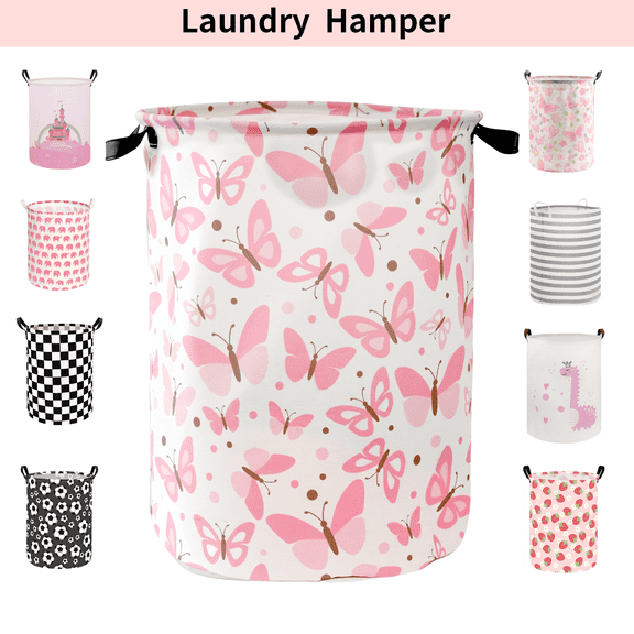 NOTIVIBE Collapsible Laundry Hamper Basket, Waterproof Fabric Storage Basket Gift Bag with Handles, Large Capacity Clothes Organizer for Bedroom, Nursery, Bathroom, Kids Room,Pink Butterfly