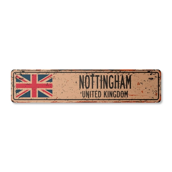 NOTTINGHAM UNITED KINGDOM Vintage Aluminum Street Sign British Britons Brits flag city rustic metal tin gift | Indoor/Outdoor | 24" Wide