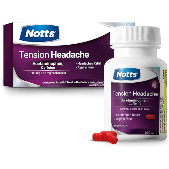 NOTTS Tension Headache Relief Caplets - Acetaminophen 500 mg, Caffeine 65 mg, 100 Count