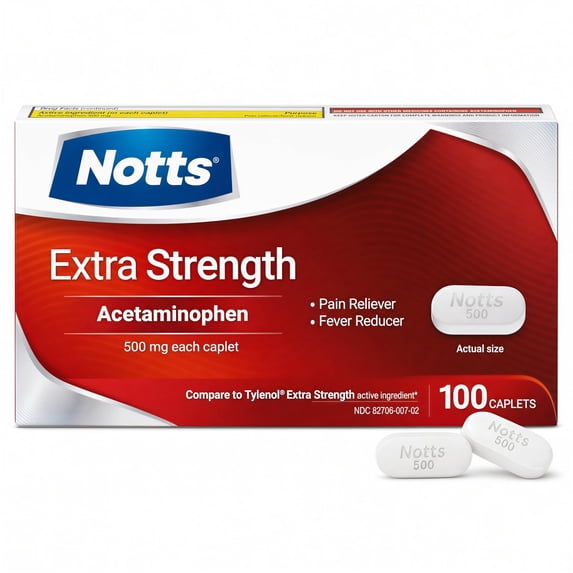 NOTTS Extra Strength Pain Reliever & Fever Reducer Caplets, 500 mg Acetaminophen, 100 Pills