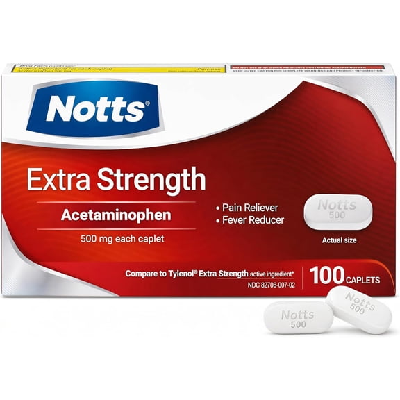 NOTTS Extra Strength Pain Reliever & Fever Reducer Caplets, 500 mg Acetaminophen, 100 Pills