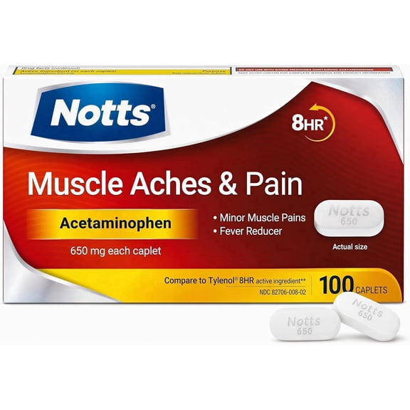 NOTTS Muscle Aches and pain Acetaminophen 650 mg Pain Relief 8HR Pills for Muscle & Joint Aches, 100 Caplets