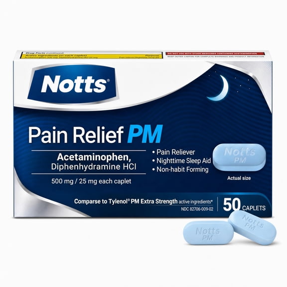 NOTTS Pain Reliever PM Acetaminophen 500mg & Diphenhydramine 25mg, 50 Caplets
