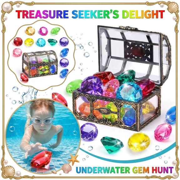 NOUGFVZP 16PCS Colorful Underwater Gem Hunt Pool Toy Set, Acrylic Dive Gems with Treasure Chest, Sinking Pool Diving Toys for Kids Summer Swimming Games