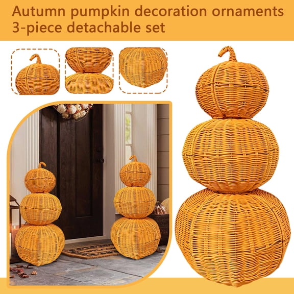 NOUGFVZP 3PCS Stacked Wicker Pumpkin Decor, 3-Tiered Detachable Handwoven Pumpkin Stack, Rustic Orange Rattan Pumpkin for Fall, Halloween & Thanksgiving Home Decor