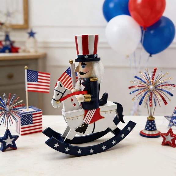 NOUGFVZP Amercian 4th of July Uncle Sam Rocking Horse Nutcracker, Patriotic USA Flag Wooden Nutcracker Decor, Independence Day Tabletop Collectible Ornament