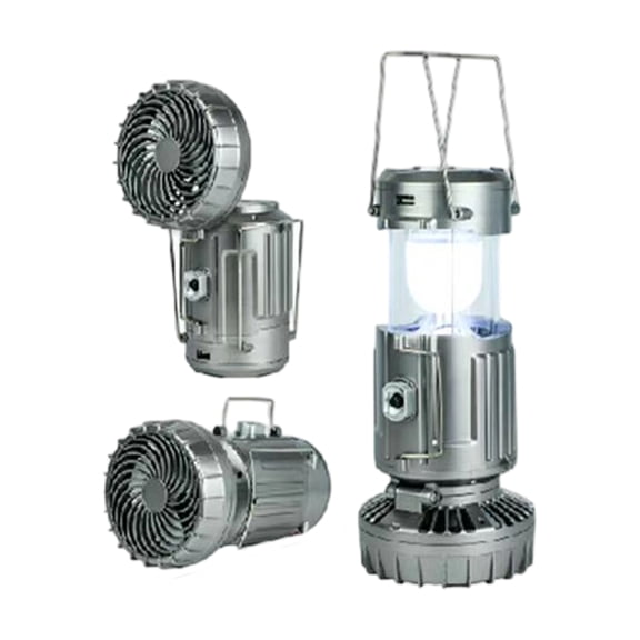 NOUGFVZP Camping Lantern with Fan, Flashlight Lantern Collapsible-USB Rechargeable, Solar & Battery Powered Camping Lampp for Picnic, Barbecue, Fishing, Travel Rechargeable Emergency Light - Sliver