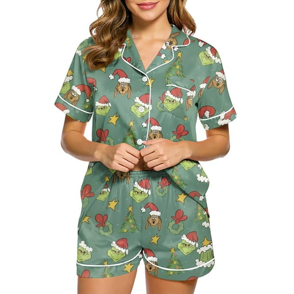 Cozyvia Christmas 2-Piece Pajamas Matching Sets for Family, Christmas Sleepwear Loungewear, Xmas Jammies Sets for Family, Christmas Short Sleeve Pajamas Sets - Army Green M