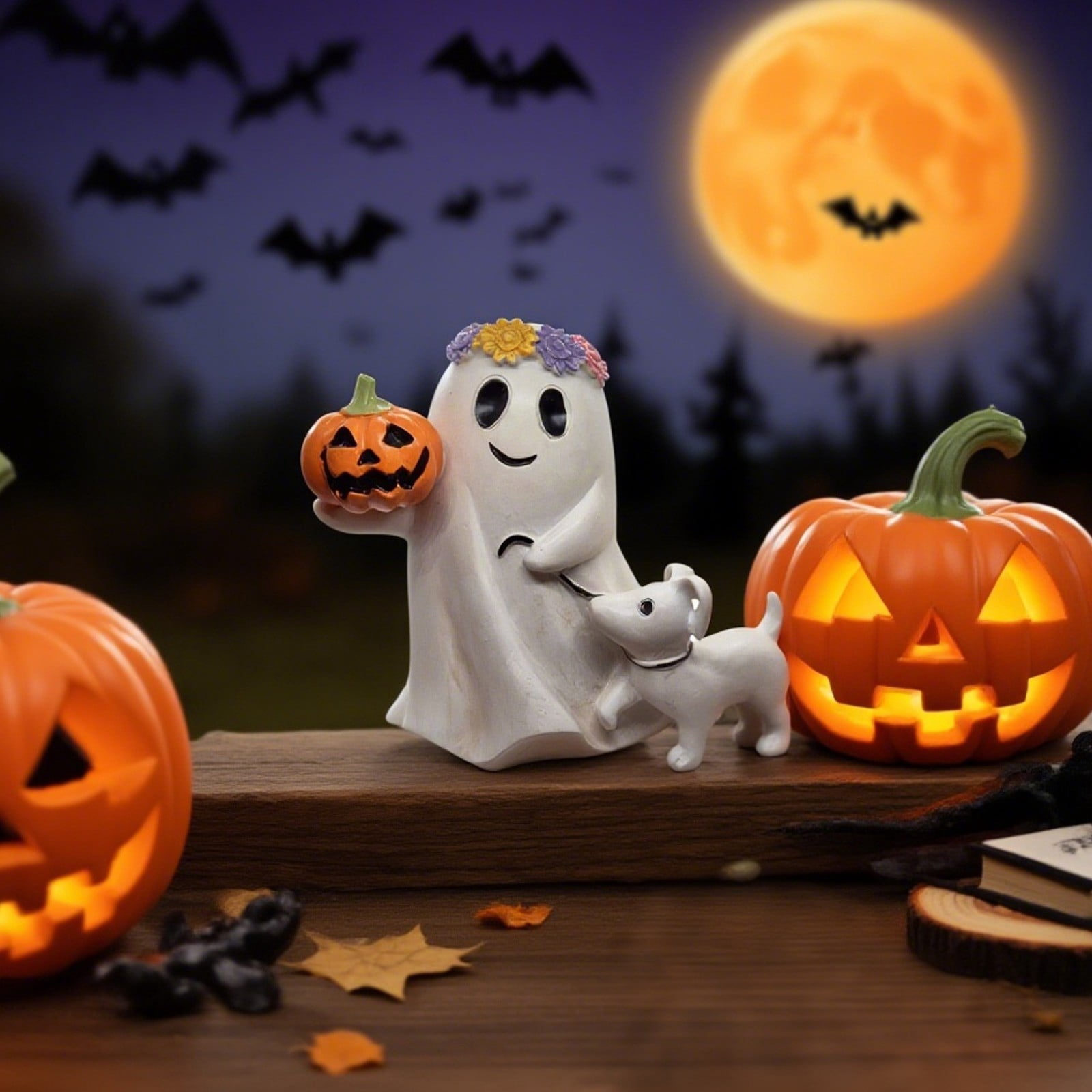 NOUGFVZP Ghost Walking Dog Statue, Spooky Ghost Dog Halloween Figurine