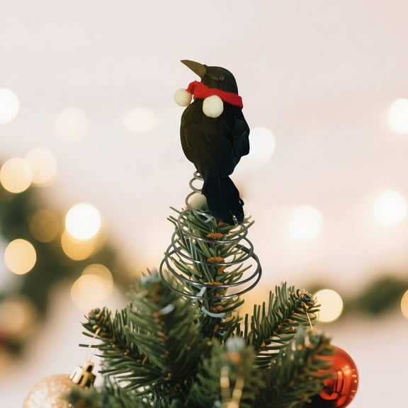 NOUGFVZP Halloween Crow Tree Topper, Black Feathered Raven with Red Scarf, Metal Spring Base, Gothic Holiday Decor for Christmas Trees