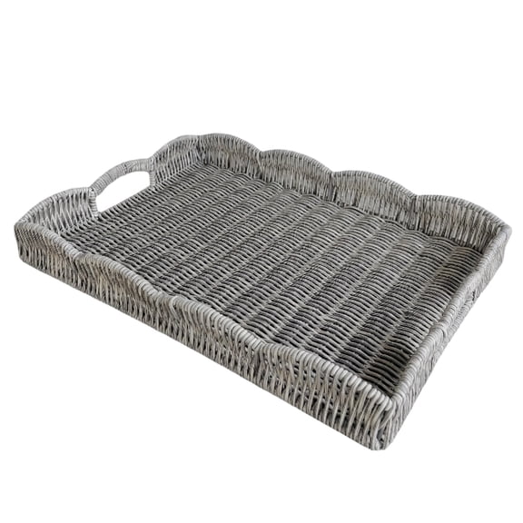 NOUGFVZP Serving Tray with Scalloped Edge, Rectangular Wicker Tray with Handles, Ideal for Breakfast or Meals in Bed and on Sofa, Decorative Coffee Table Tray to Enhance Dining - Black