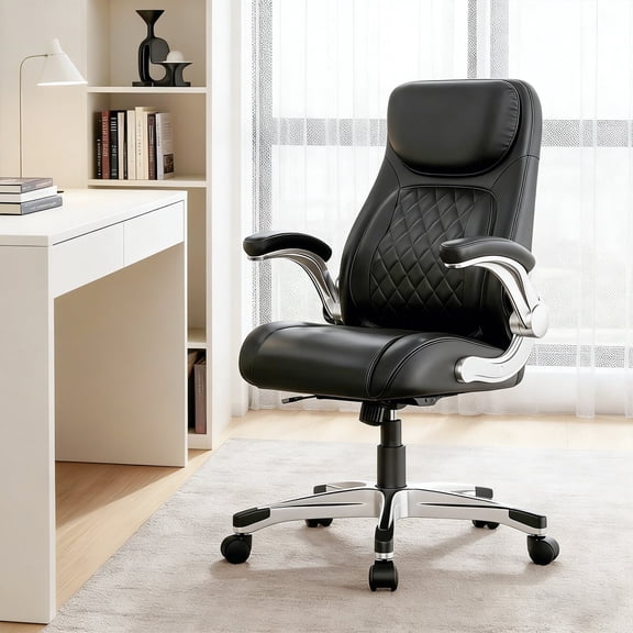 NOUHAUS Ergonomic High Back Executive Office Chair, PU Leather, Adjustable Headrest, Pop-Out Lumbar Support, Flip-Up Arms, Black