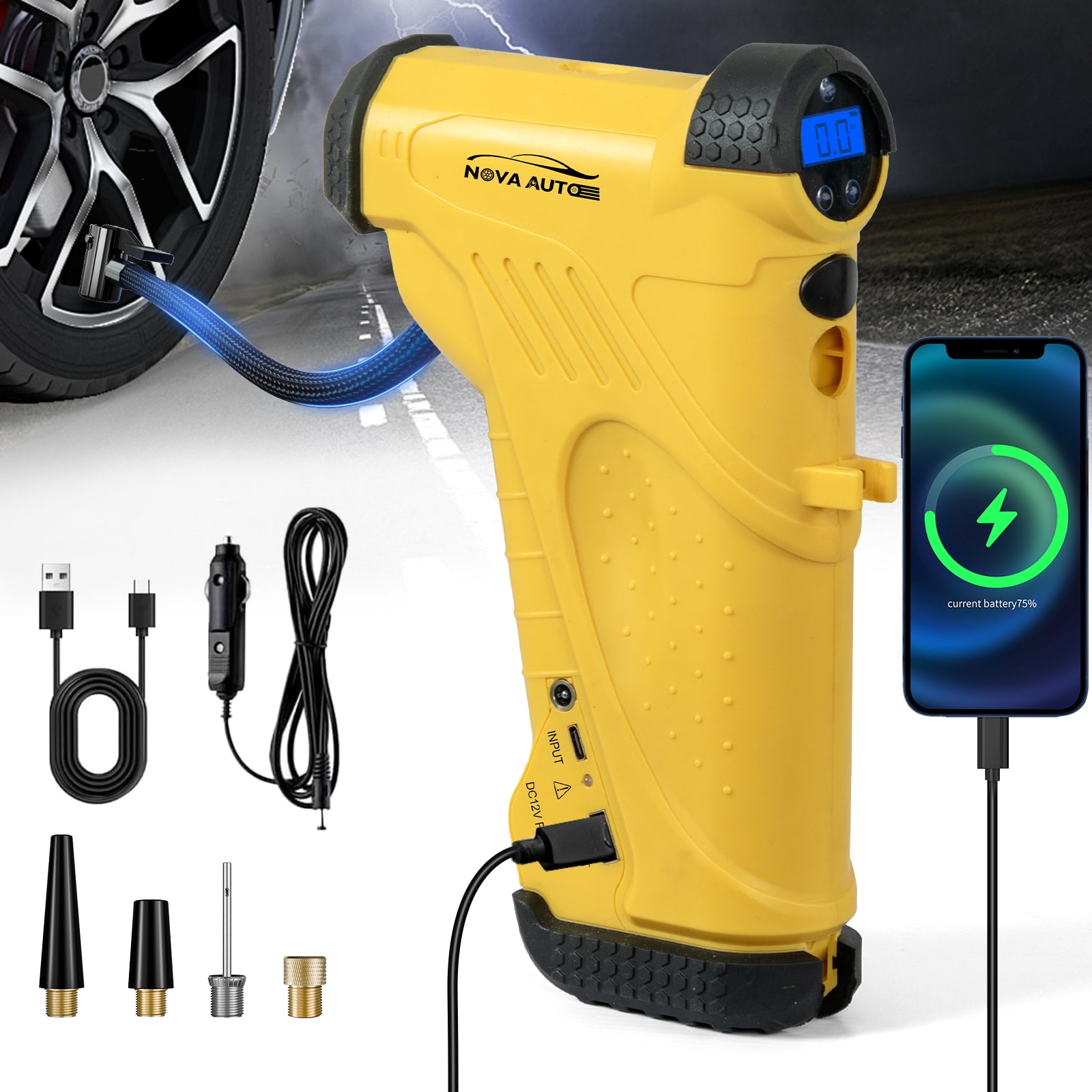 NOVA AUTO Tire Inflator Portable Air Compressor,12V 150PSI Handheld Air Compressor with Gauge,Rechargeable Tire Pump with Digital Gauge & LED Light,Air Pump Emergency for Cars, Bikes, Dirt Bikes,RV