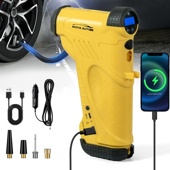 NOVA AUTO Tire Inflator Portable Air Compressor,12V 150PSI Handheld Air Compressor with Gauge,Rechargeable Tire Pump with Digital Gauge & LED Light,Air Pump Emergency for Cars, Bikes, Dirt Bikes,RV