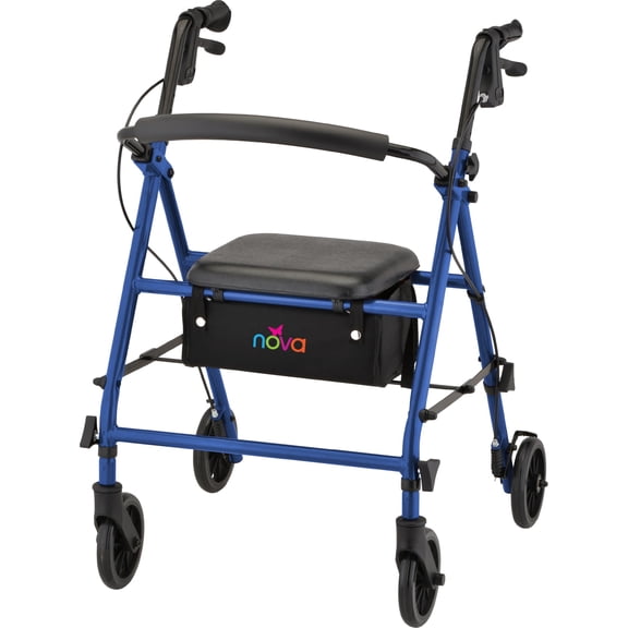 NOVA Breeze Rollator Walker with Seat for Seniors, Lightweight 17 lb Frame, 6 Wheels, Locking Hand Brakes, Padded Seat with Under-Seat Storage Pouch, Foldable Mobility Aid, Blue