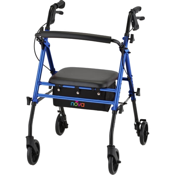 NOVA Buzz Rollator Walker Lightweight Folding Rolling Walker with Seat, 6 Wheels & Locking Hand Brakes, Everyday Mobility Aid for Seniors & Adults, Blue