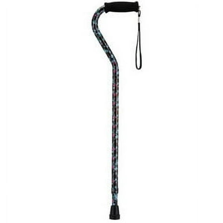 NOVA Designer Walking Cane with Offset Handle, Lightweight Adjustable Walking Stick with Carrying Strap, “Black with Pink and Blue Flowers” Design