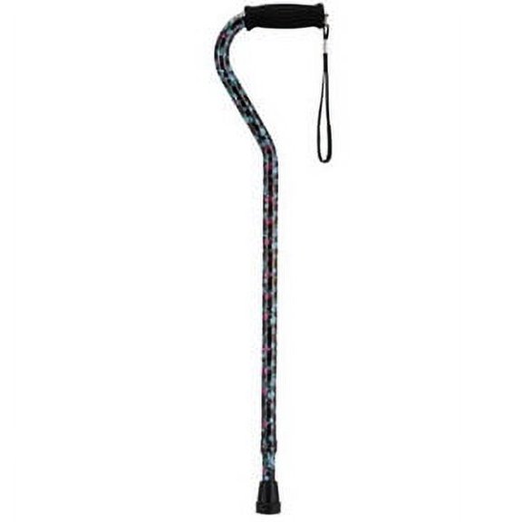 NOVA Designer Walking Cane with Offset Handle, Lightweight Adjustable Walking Stick with Carrying Strap, “Black with Pink and Blue Flowers” Design