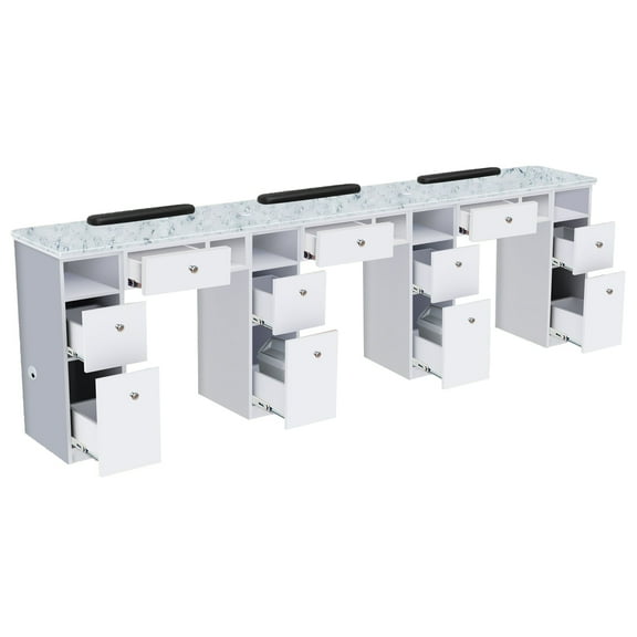 NOVA I Triple Manicure Table, Nail Station for Beauty Salon Furniture & Equipment, Marble Top Acetone Resistant, Modern White/Gray