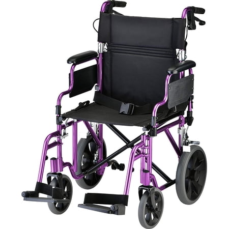NOVA Lightweight Transport Chair with Locking Hand Brakes, 12" Rear Wheels, Removable & Flip Up Arms for Easy Transfer, Anti-Tippers Included, Purple