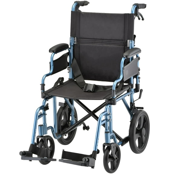 NOVA Medical Products Lightweight Transport Chair with 12" Rear Wheels, Locking Hand Brakes, Flip Up Desk Arms Blue