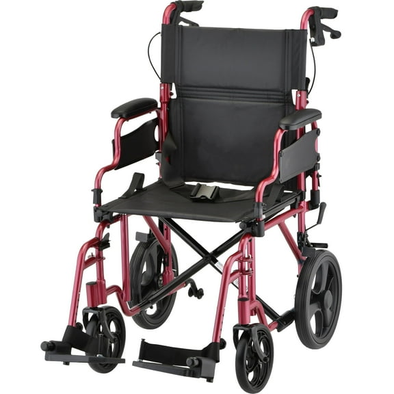 NOVA Medical Products Lightweight Transport Chair with 12" Rear Wheels, Locking Hand Brakes, Flip Up Desk Arms Red