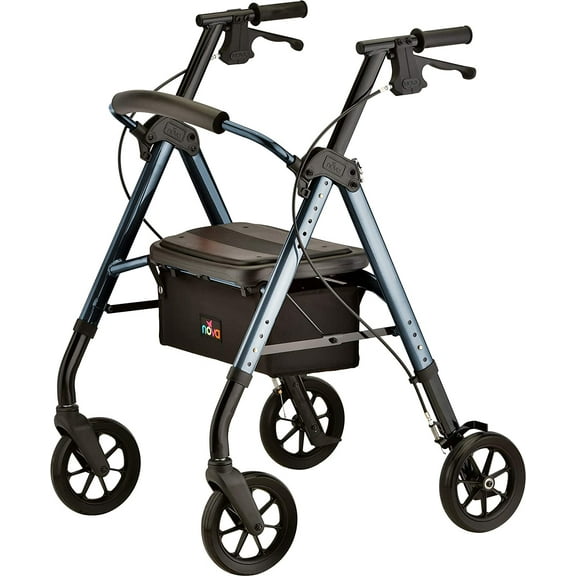 NOVA Medical Products Star DX Heavy Duty Bariatric Rollator Walker with Extra Wide Padded Seat, 8 Wheels, Fold Lock Feature, with Adjustable Seat Height & 450 lb Weight Capacity, Blue