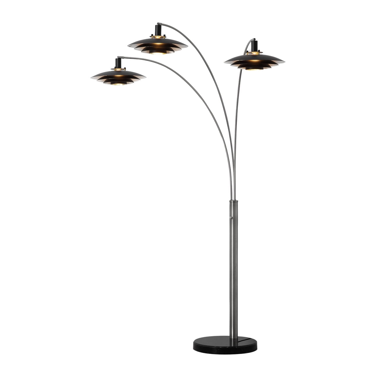Antique Nickel 3-Light Arc Floor Lamp with Matte Black Shades